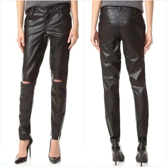 One Teaspoon Faux Leather Pants Leggings Black Skinny Straight Leg slit knee S - Picture 3 of 16